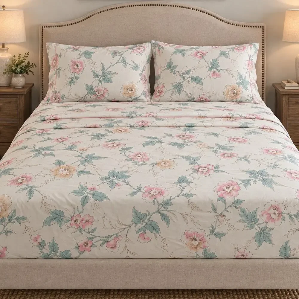 Vintage JP Stevens Queen Size Sheet Set Floral Cottage Core Flat Fitted No Iron
